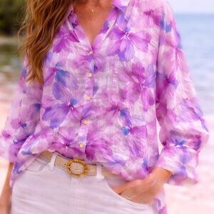 Chino’s Linen Blouse Top Button Front sz 12 Floral 3/4 Sleeves